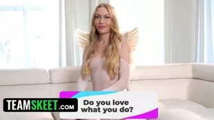 Emma Starletto receives an angels' cumshot during a blowjob