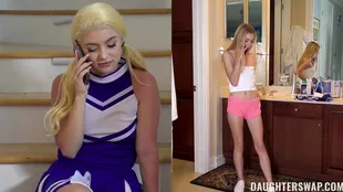 Blonde cheerleaders lure their stepfather in for a scorching sexual encounter